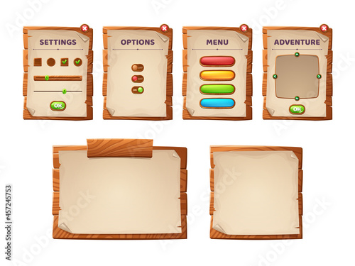 Game ui scrolls, wooden boards and antique parchments cartoon menu interface, wood textured planks, gui graphic design elements. User panel with settings, options or adventure isolated 2d vector set