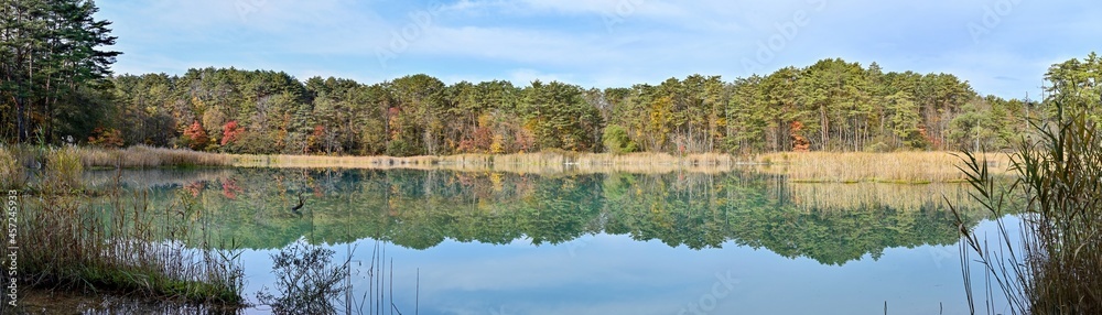 Obraz premium ちょうど見頃の紅葉に囲まれた弁天沼のパノラマ情景＠五色沼、福島