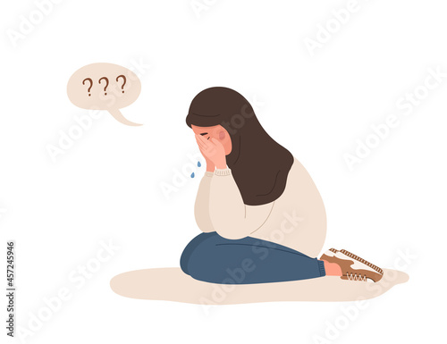Muslim woman in depression. Sad teenager in hijab sitting on floor and crying. Violence in family or mood disorder concept. Vector illustration in flat cartoon style.