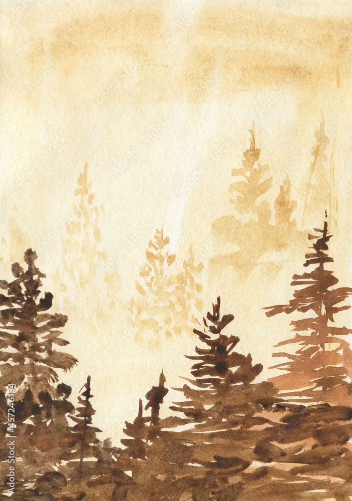 watercolor background of silhouettes of fir trees in the fog watercolor background of silhouettes of fir trees in the fog