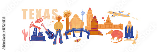 Texas banner with landmarks icons set. Traditional symbols, people and buildings full color vector illustration.