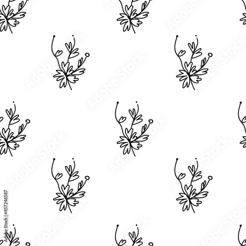Floral seamless vector pattern on white isolated hand drawn background.Botanical with black flowers line print in doodle style.Designs for textiles,fabric,wrapping paper,packaging,social media,web.