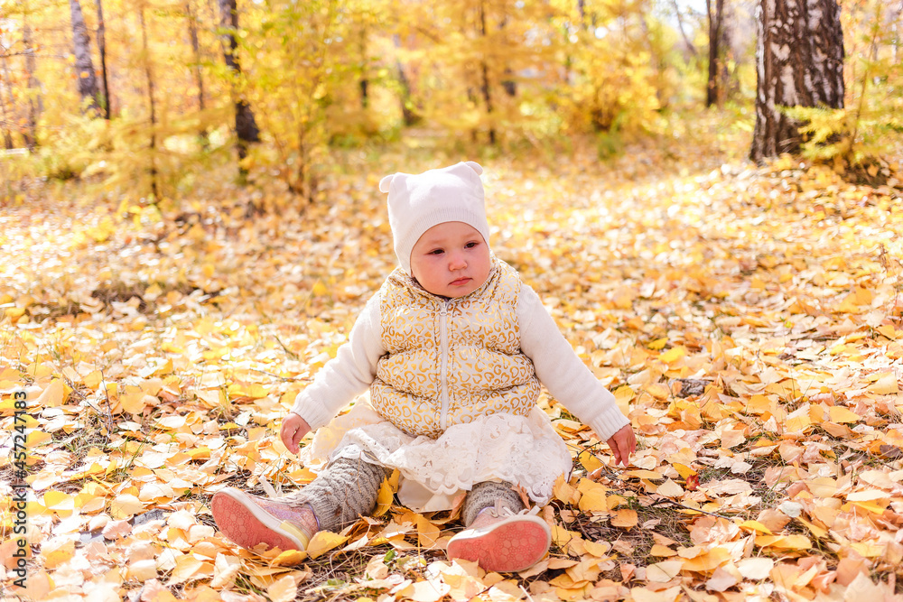 a little girl in a skirt and vest walks through the beautiful autumn forest. Fall. golden autumn a little girl in a skirt and vest walks through the beautiful autumn forest. Fall. golden autumn
