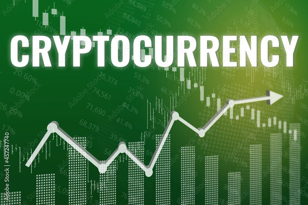 Price change on Cryptocurrency market on green financial background. Trend up and down. 3D illustration Price change on Cryptocurrency market on green financial background. Trend up and down. 3D illustration