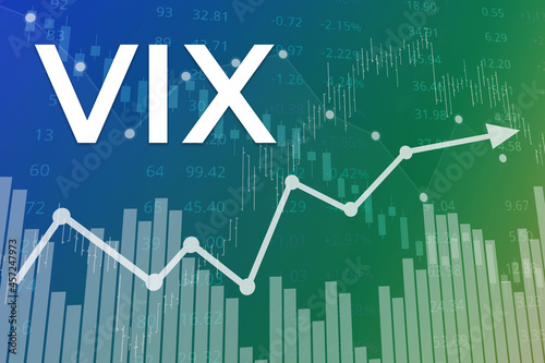 Price change on trading VIX (Volatility Index) futures on blue and green finance background. Trend Up and Down. 3D illustration