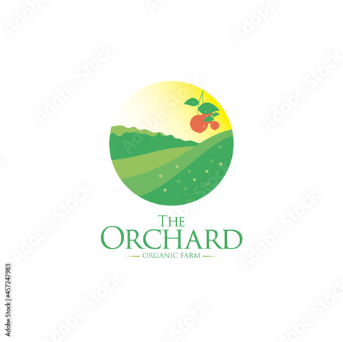 Orchard logo vector with green leaves and ripe fruits
