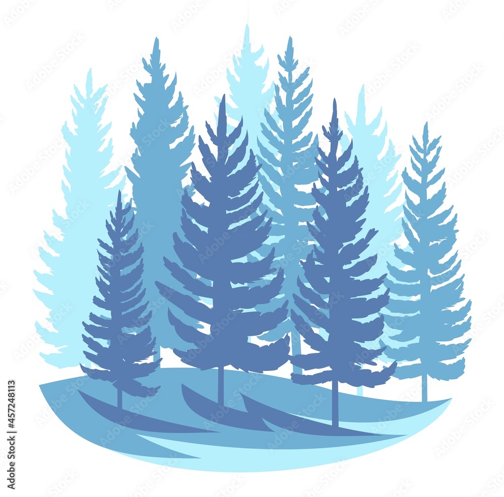 Forest silhouette scene. Landscape with coniferous trees. Beautiful blue view. Pine and spruce trees. Summer nature. Isolated illustration vector Forest silhouette scene. Landscape with coniferous trees. Beautiful blue view. Pine and spruce trees. Summer nature. Isolated illustration vector