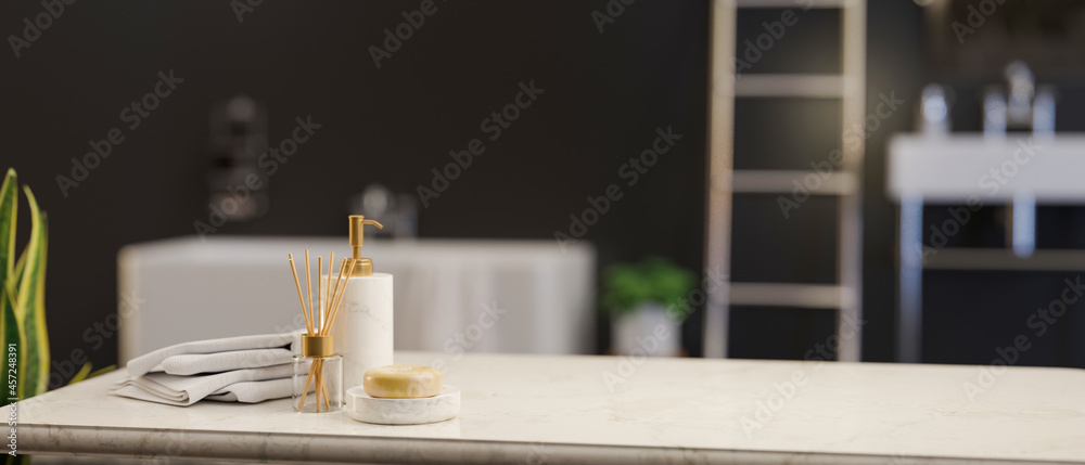 Marble tabletop with soap, ceramic shampoo bottle, towels and empty space over luxury black bathroom - obrazy, fototapety, plakaty 