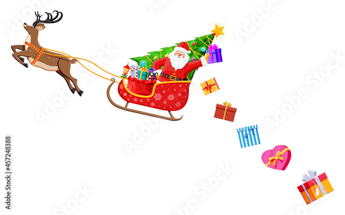Santa claus on sleigh full of gifts and reindeer