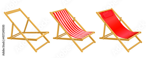 Thre Folding lounge Beach Chairs, Wood and red and stryped Fabric