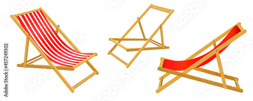 Thre Folding lounge Beach Chairs, Wood and red and stryped Fabric
