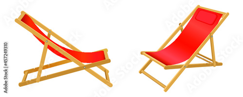 Two Folding lounge Beach Chairs, Wood and red Fabric