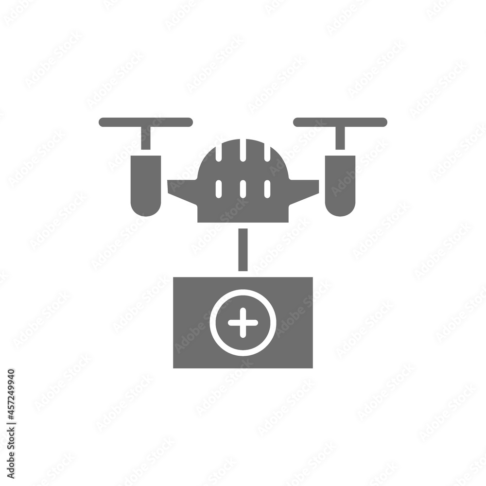Drone with medical box, fast delivery, transportation grey icon. Drone with medical box, fast delivery, transportation grey icon.