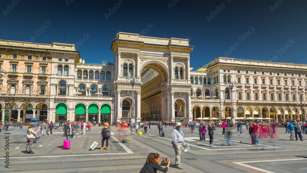 Milan Cathedral Hyperlapse Time lapse. People walking on Square Piazza Duomo di Milano and Gallery Vittorio Emanuele II, during the fashion week timelapse sunset