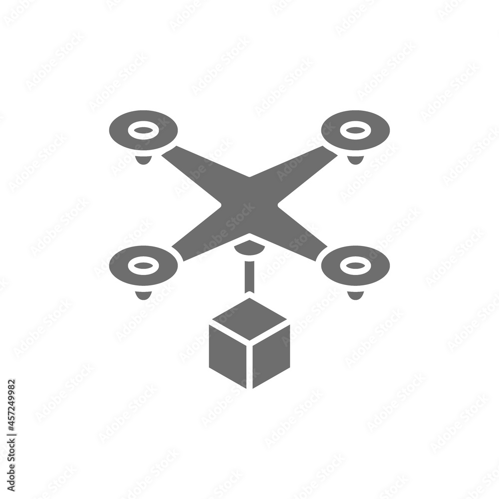Drone with box, fast delivery service grey icon. Drone with box, fast delivery service grey icon.