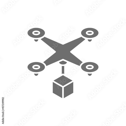 Drone with box, fast delivery service grey icon.