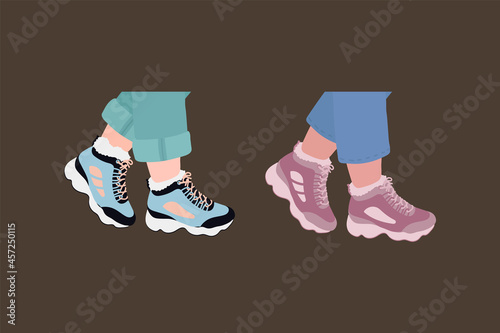 A collection of women's and men's feet in sneakers. Sports shoes for running, sneakers, shoes, boots. Vector illustration of human feet in shoes for poster design. Vector illustration