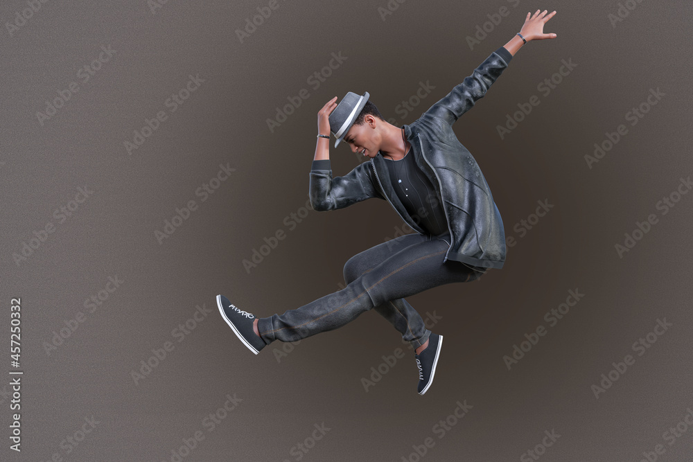 ダンサーの男性が革ジャンを着て帽子をかぶり音楽に乗ってジャンプしてポーズをとる Stock イラスト Adobe Stock