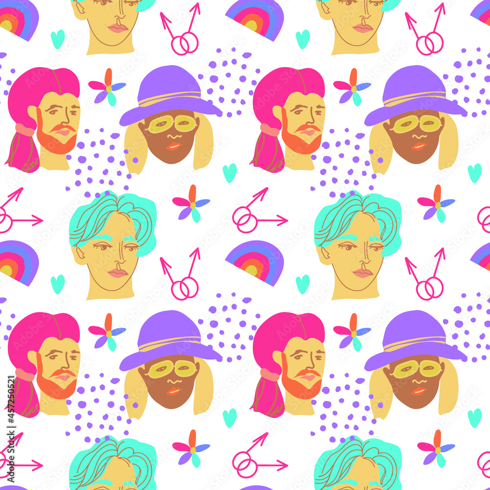 Seamless vector pattern with LGBTQ on isolated hand drawn background.Pride,homosexual,rainbow,transgender print in flecked style.Designs for textiles,fabric,wrapping paper,packaging,social media,web Seamless vector pattern with LGBTQ on isolated hand drawn background.Pride,homosexual,rainbow,transgender print in flecked style.Designs for textiles,fabric,wrapping paper,packaging,social media,web