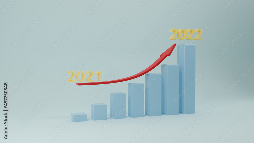 Business growth bars graphic with rising arrow on 2021 to 2022, achievement creative concept, 2022 creativity inspiration concepts, planning ideas, blue stair step to growth success, 3d render. Business growth bars graphic with rising arrow on 2021 to 2022, achievement creative concept, 2022 creativity inspiration concepts, planning ideas, blue stair step to growth success, 3d render.