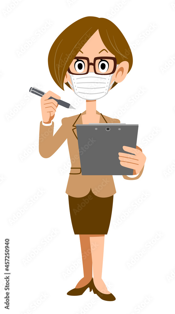 書類に記入するオフィスで働く眼鏡を掛けた女性のイラスト
