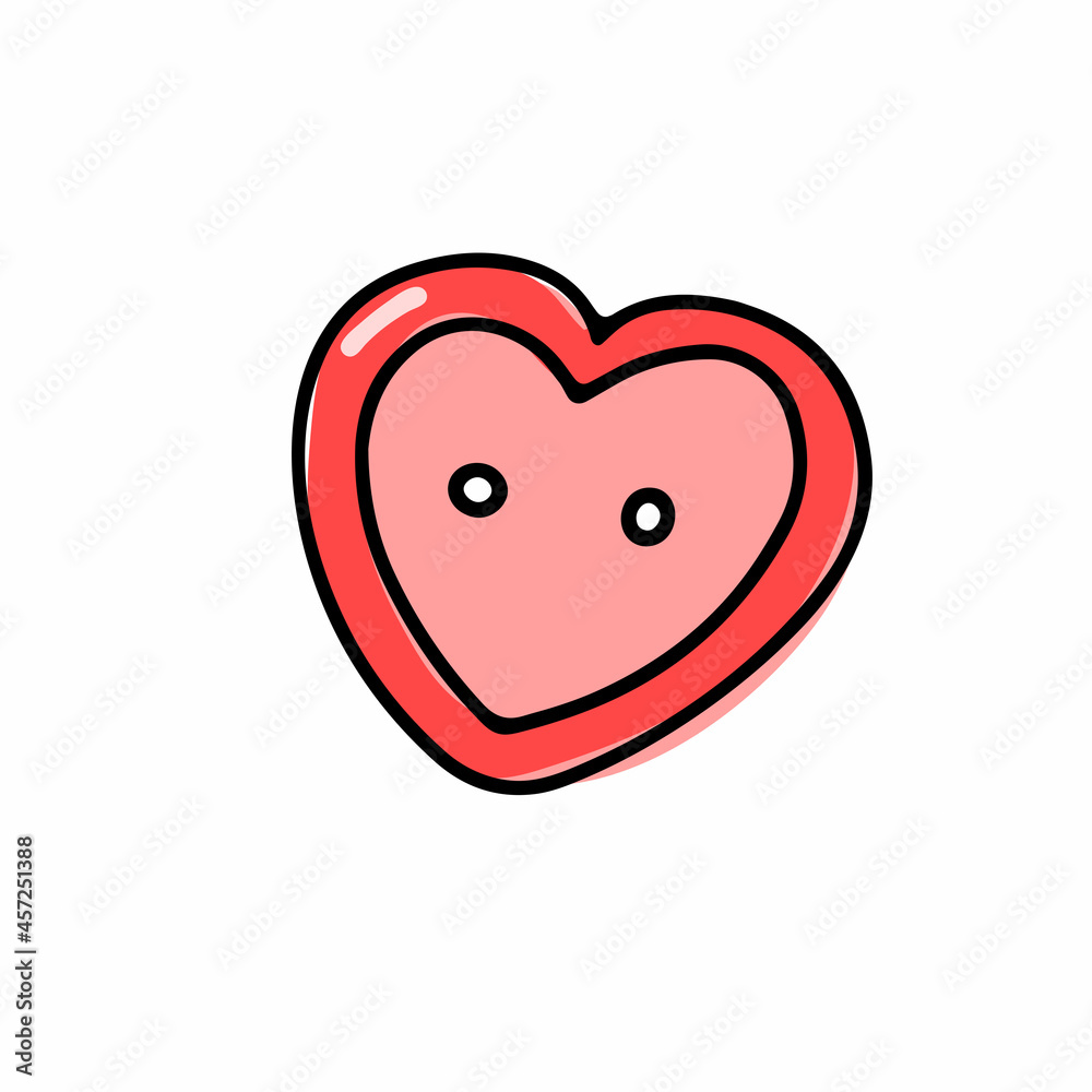 Vector heart-shaped red button isolated on white background. Doodle illustration for weddings, t-shirt, Valentines Day. Sketch Sign of love, romance, feelings, relationship, needlework. Valentine card