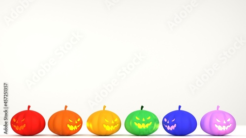 LGBTQ color theme on pumpkins and minimal white background for Halloween, 3d rendering geometric shape, Mockup scene, and empty space.