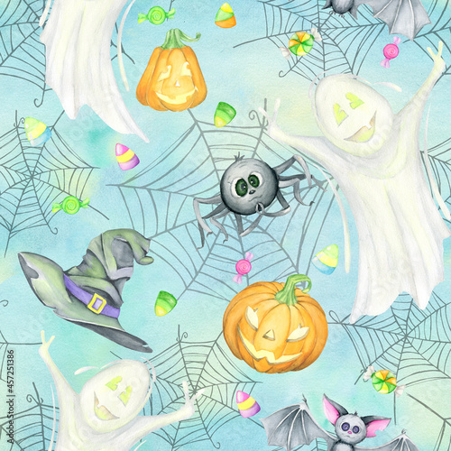Watercolor seamless pattern, on a turquoise background. Bear, bunny, dog, ghost, in costumes, for the Halloween holiday a palace with ghosts,