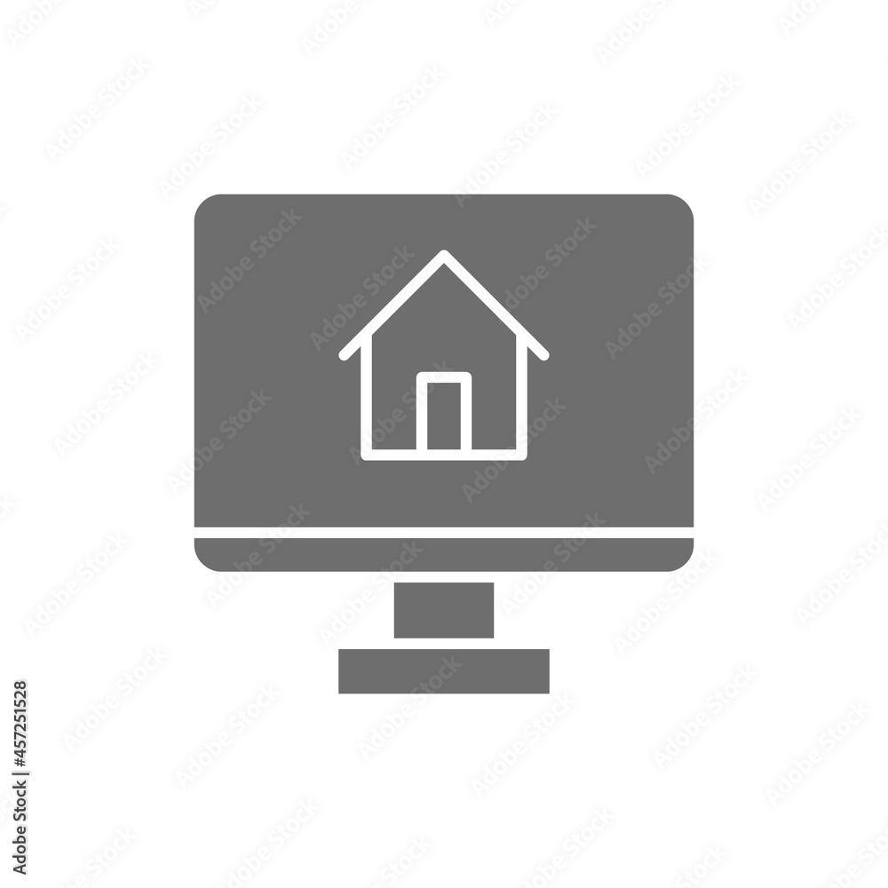 Monitor with house, app for real estate grey icon.