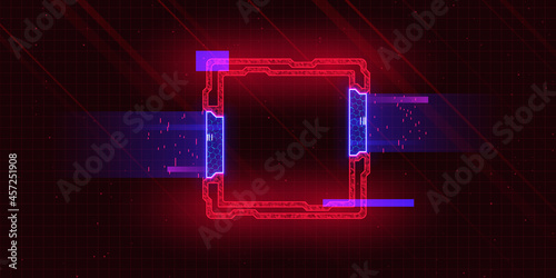 Futuristic cyberpunk style square with glitch effect. Square with red cyberpunk elements and blue hud neon hologram effect. Good for design banners, electronic music events, game titles. photo