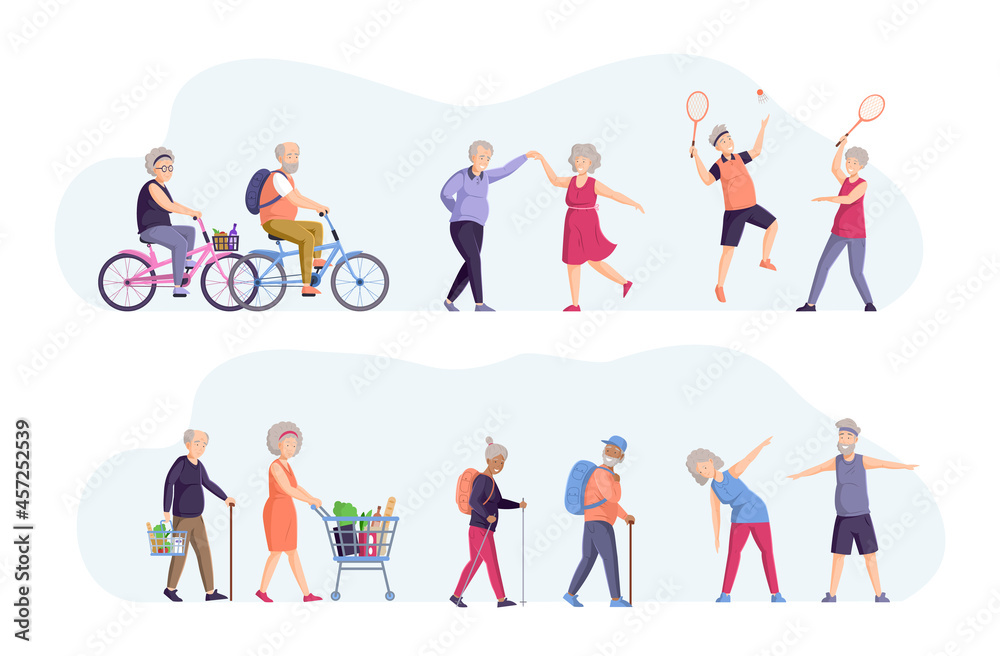Old elderly people activity set. Happy elderly grandmother and grandfather healthy active lifestyle retiree. Dancing, biking, hiking, tennis, shopping, doing fitness couple sport tourist