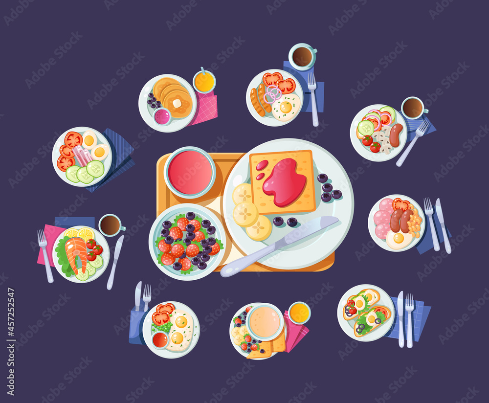Morning healthy food top view. Breakfast dish with beverage. Breakfast dinner for healthy human nutrition vector Morning healthy food top view. Breakfast dish with beverage. Breakfast dinner for healthy human nutrition vector