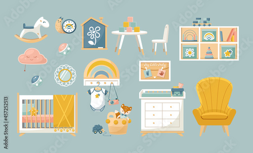 Collection baby bedroom furniture for children room interior. Set child nursery furnishings with toddler bed, toys, armchair, chest of drawers, table with chair, shelves with playtoys
