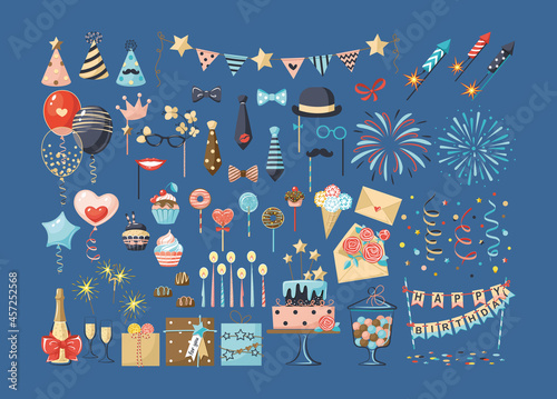 Set of birthday party decoration. Festive kit happy anniversary day rocket fireworks, balloons, gifts, flags, candles, gifts, champagne, carnival masks, sweet cake