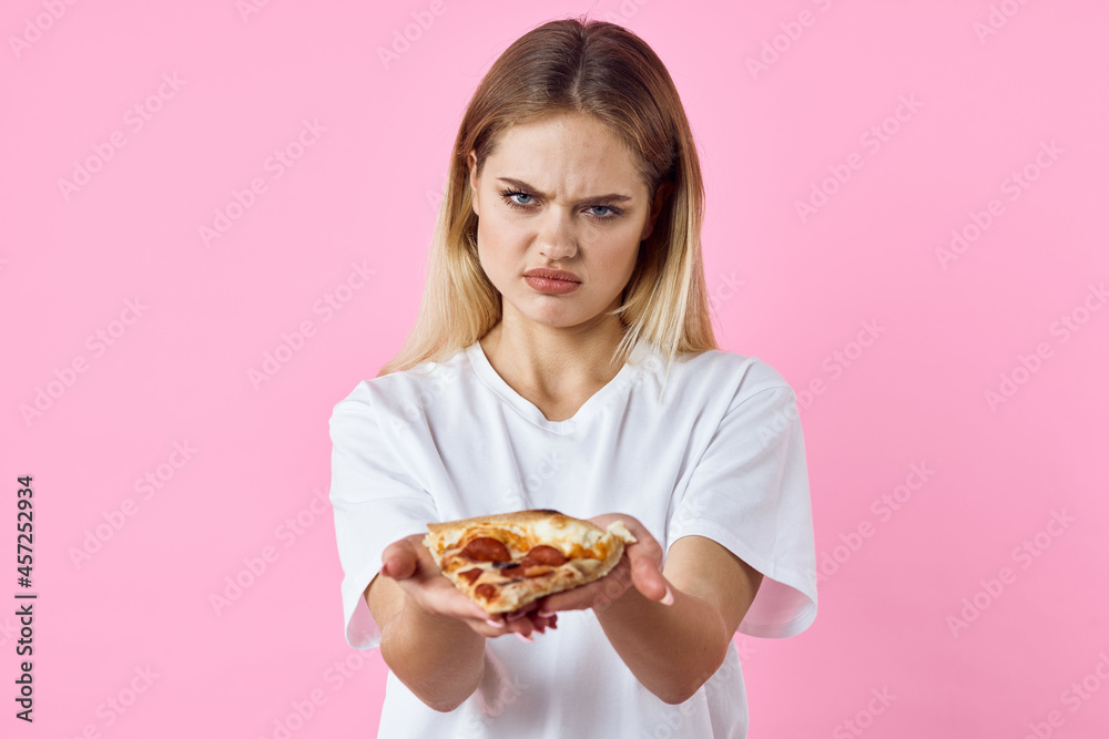 cheerful pretty woman in white t-shirt pizza fast food snack restaurant cheerful pretty woman in white t-shirt pizza fast food snack restaurant