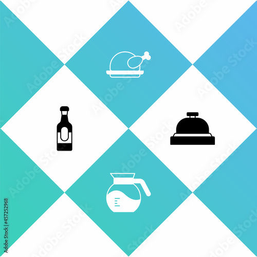 Set Wine bottle, Coffee pot, Roasted turkey or chicken and Hotel service bell icon. Vector