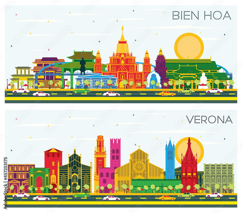 Verona Italy and Bien Hoa Vietnam City Skyline Set.