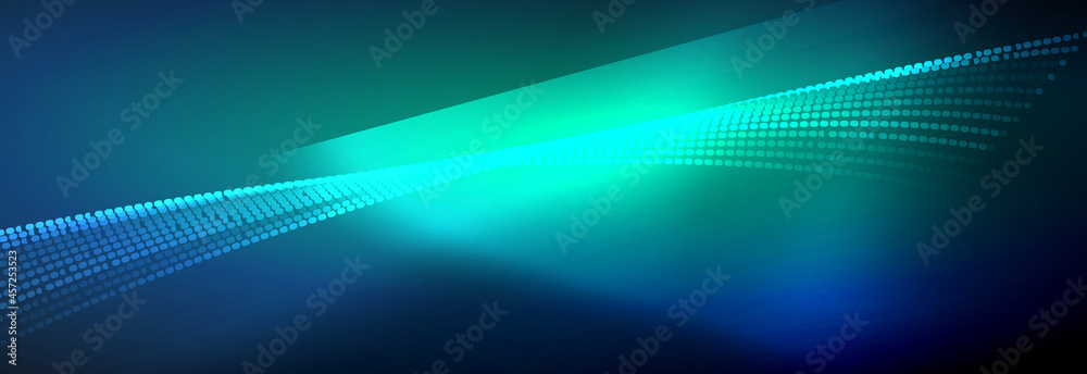 Neon shiny color background with light glowing wave line particles. Wallpaper background, design templates for business or technology presentations, internet posters or web brochure covers Neon shiny color background with light glowing wave line particles. Wallpaper background, design templates for business or technology presentations, internet posters or web brochure covers