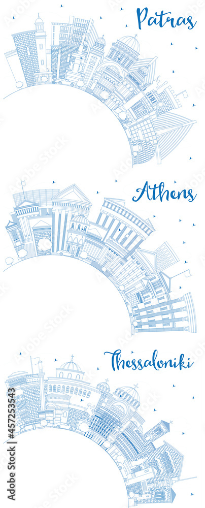Outline Athens, Thessaloniki and Patras Greece City Skyline Set.