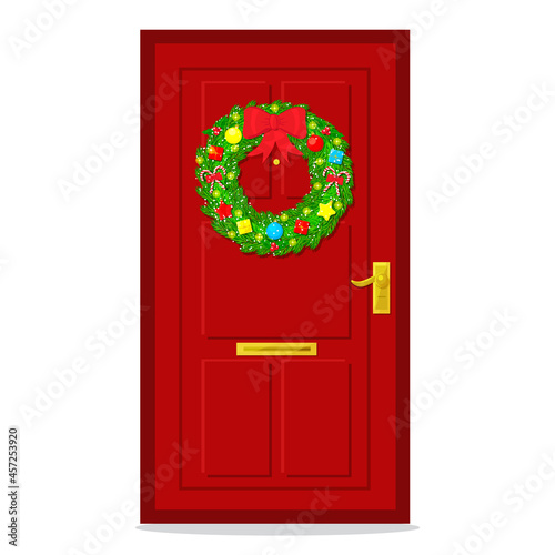 Red door decorated with Christmas wreath and lights. Entrance to the suburban house. Front view. Vector illustration flat.