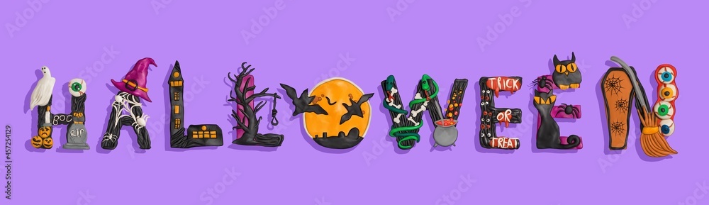 Halloween lettering. Holiday lettering for banner. Happy Halloween poster, greeting card, party invitation. Plasticine 3d illustration.