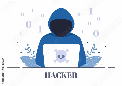 Hacker Using Computer Server to Activity Hacked Database, Network Storage, Social Account, Credit Card or Security. Background Vector Illustration
