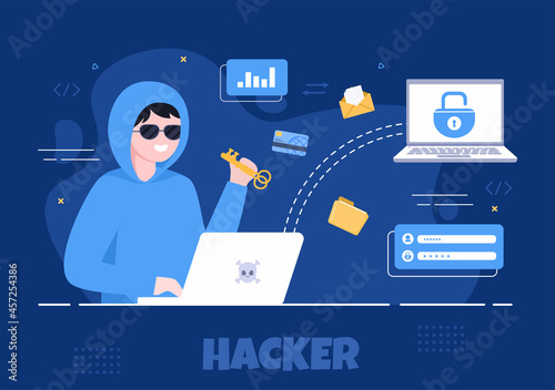 Hacker Using Computer Server to Activity Hacked Database, Network Storage, Social Account, Credit Card or Security. Background Vector Illustration