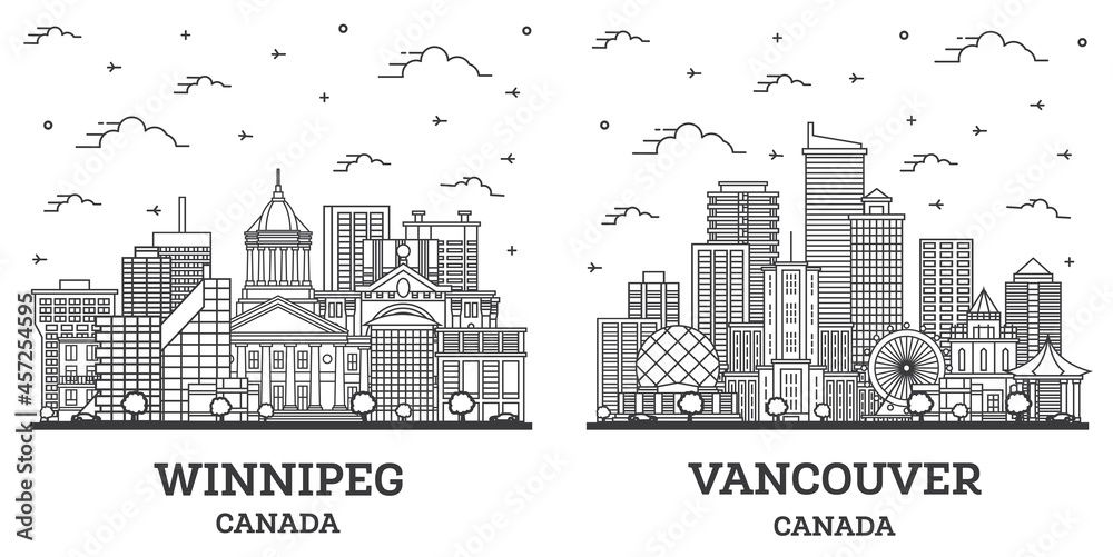 Naklejka premium Outline Vancouver and Winnipeg Canada City Skyline Set.