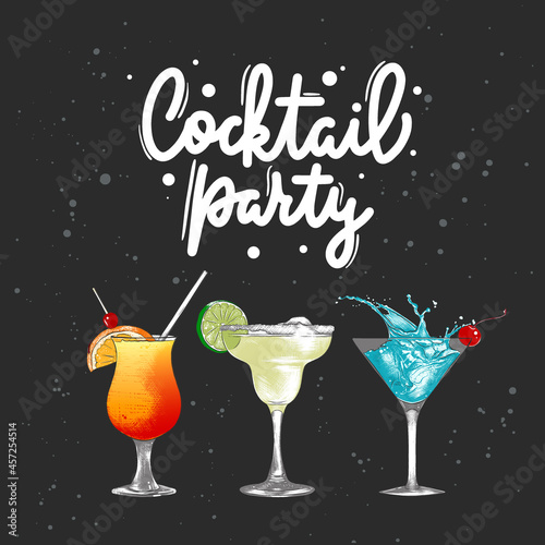 Vector engraved style alcoholic cocktails illustration set for posters, decoration, menu. Hand drawn drink or beverage sketch with lettering, Cocktail party. Detailed colorful drawing.