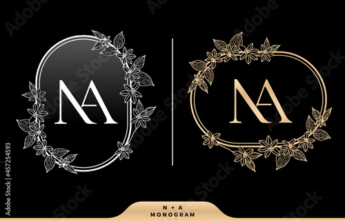 illustration of floral frame for NA initial letter and graphic name, Monogram for Wedding couple symbolic, company and icon business, with two colors variation designs black white and golds.