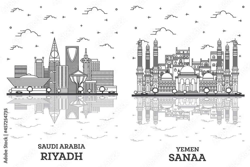 Outline Sanaa Yemen and Riyadh Saudi Arabia City Skyline Set.