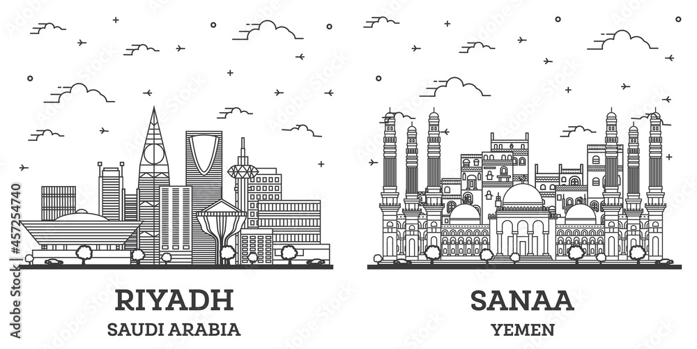 Outline Sanaa Yemen and Riyadh Saudi Arabia City Skyline Set.