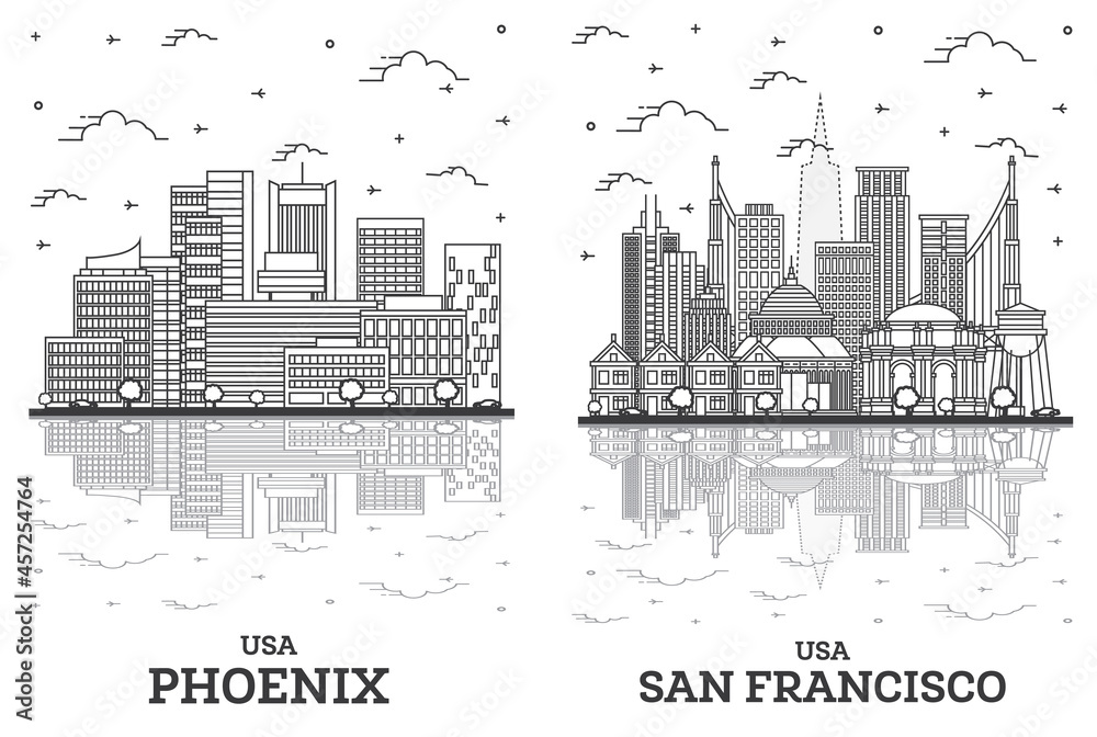 Outline San Francisco California and Phoenix Arizona USA City Skyline Set.