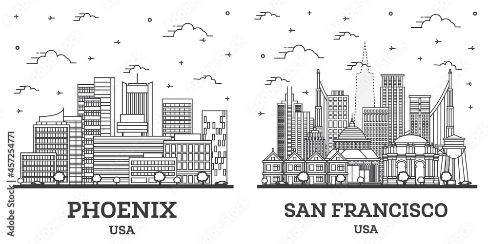 Outline San Francisco California and Phoenix Arizona USA City Skyline Set.